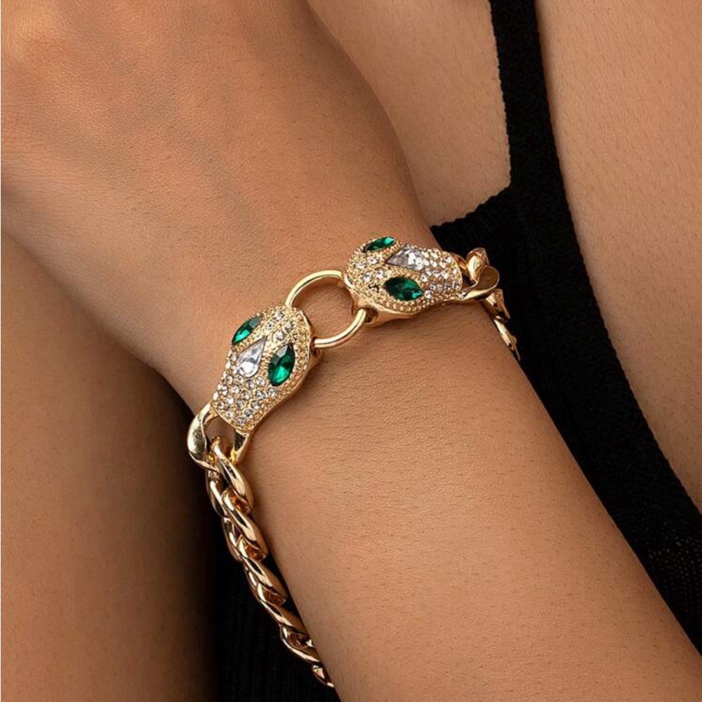 Serpent head bracelet- gold snake rhinestone bracelet- gold chain bracelet